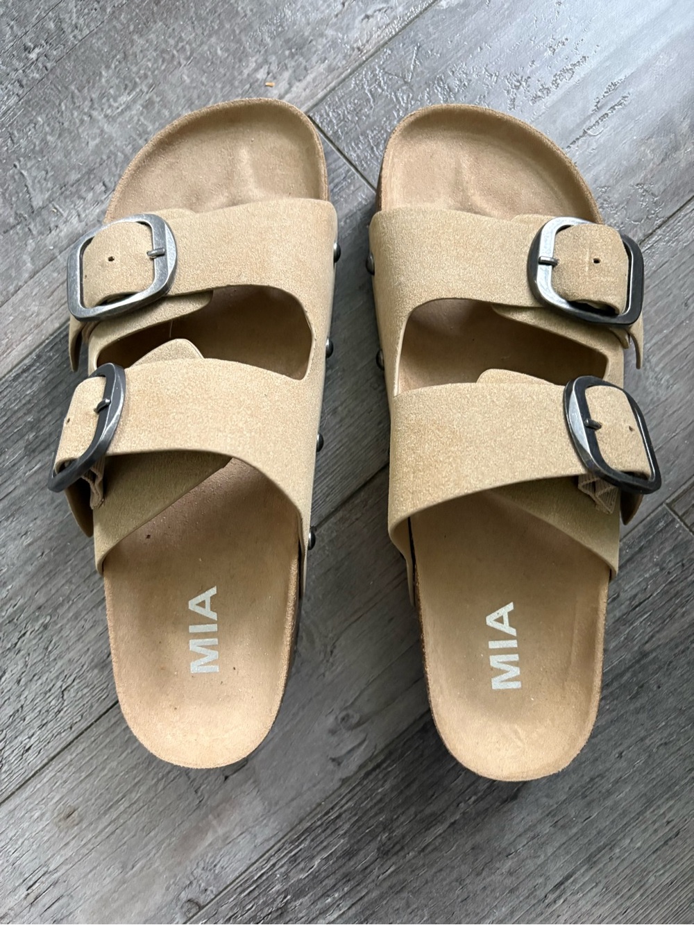 MIA Dual Buckle Suede Slides in Light Beige NEVER WORN